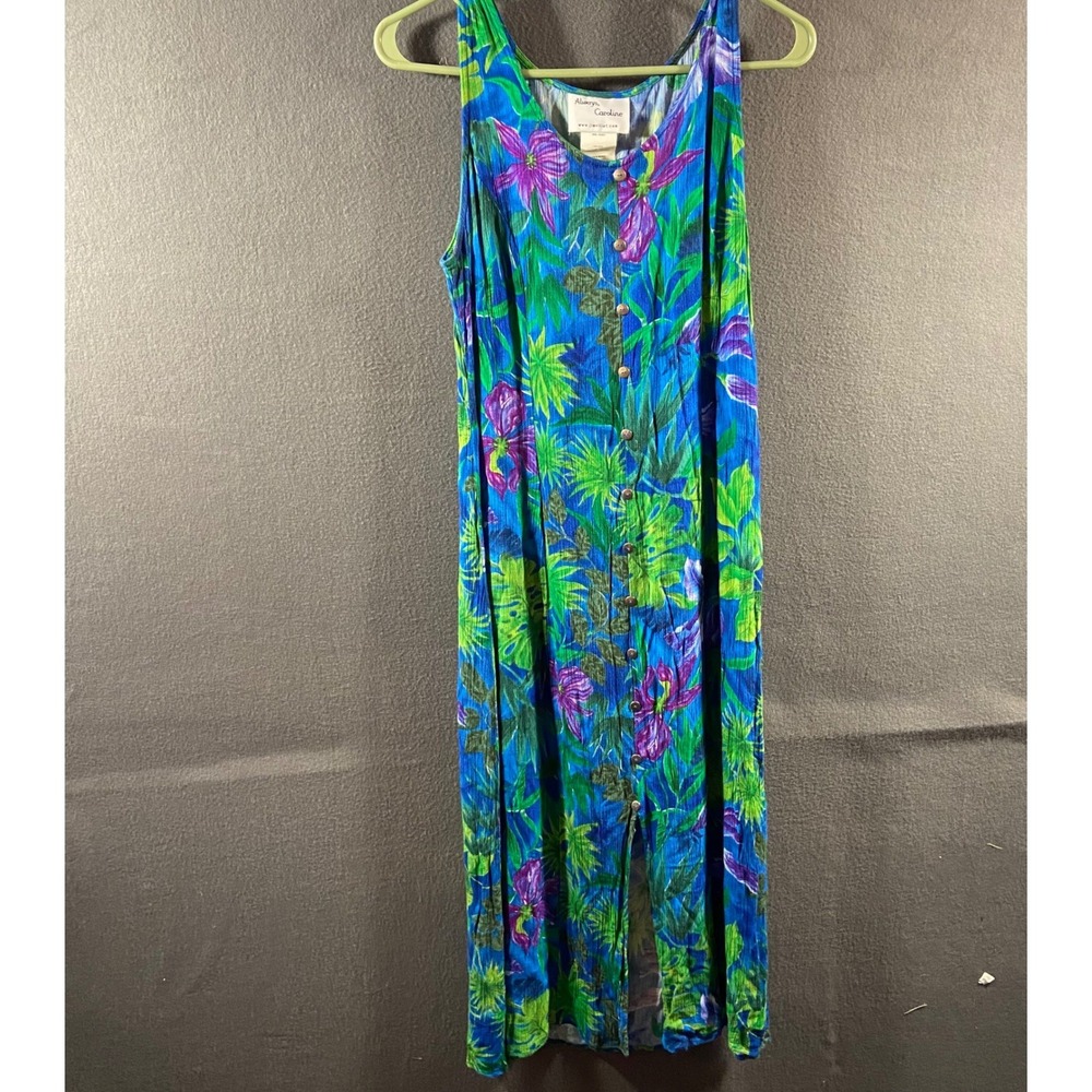vtg women midi Dress‎ 10 blue Floral Tropical resortwear cruise beach vacation